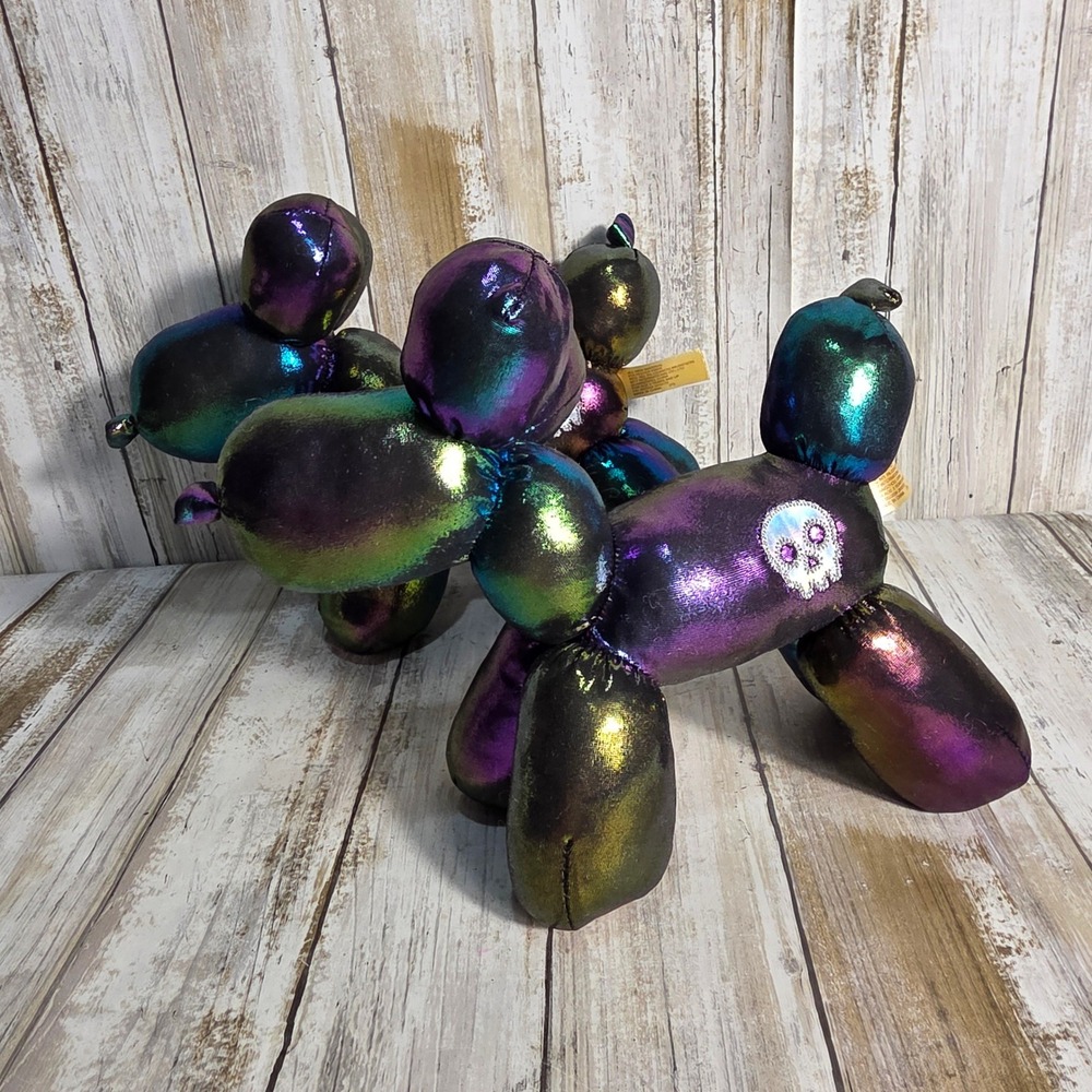 2 Halloween Iridescent Metallic Balloon Dog Plush Oil Slick Purple Green Skull
